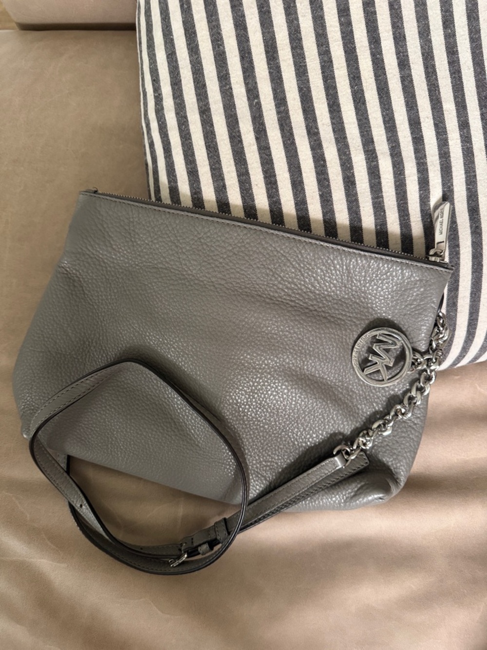 Michael Kors Gray Pebbled Leather Chain-Accent Shoulder Bag